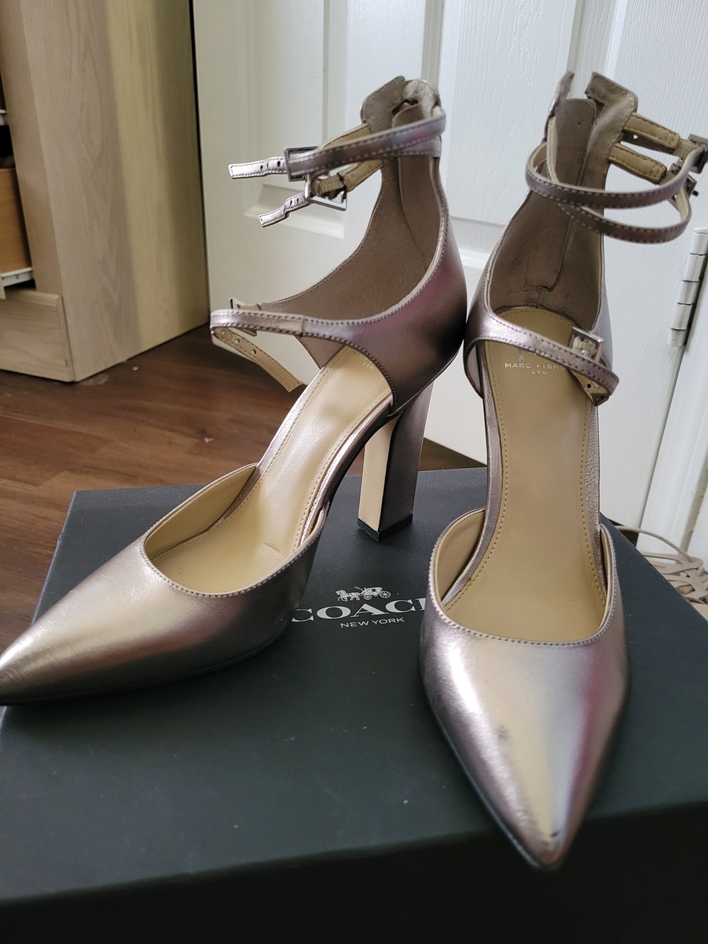Coach Metallic Iridescent Pointed-Toe Ankle-Strap Heels